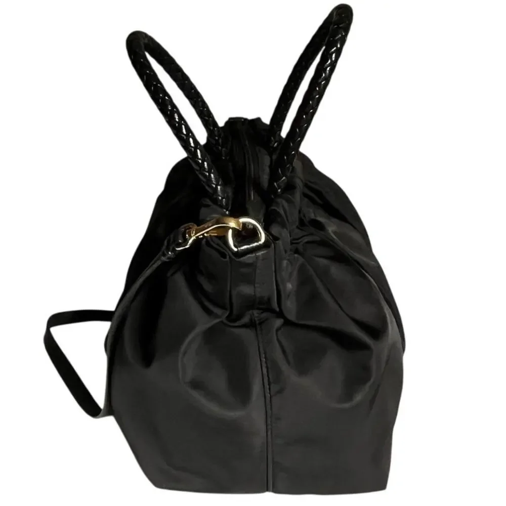 PRADA Authentic Tessuto Gaufre Ruched Nylon Satchel Handbag Black Gold Crossbody
